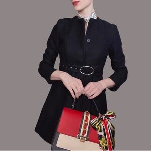 ZARA Dark Navy Blue Black Collarless Wool Blend Belted Jacket Coat XS